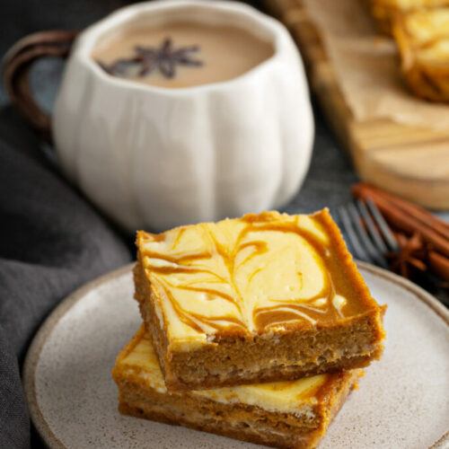 Caramel Pumpkin Marble Cheesecake Bars