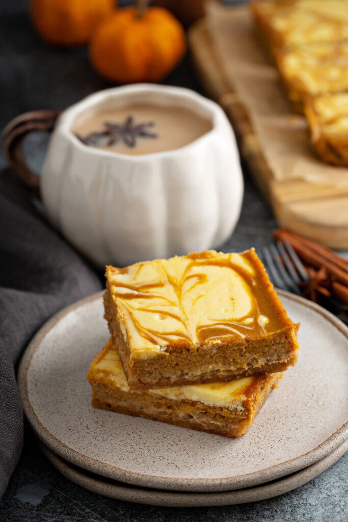 Caramel Pumpkin Marble Cheesecake Bars