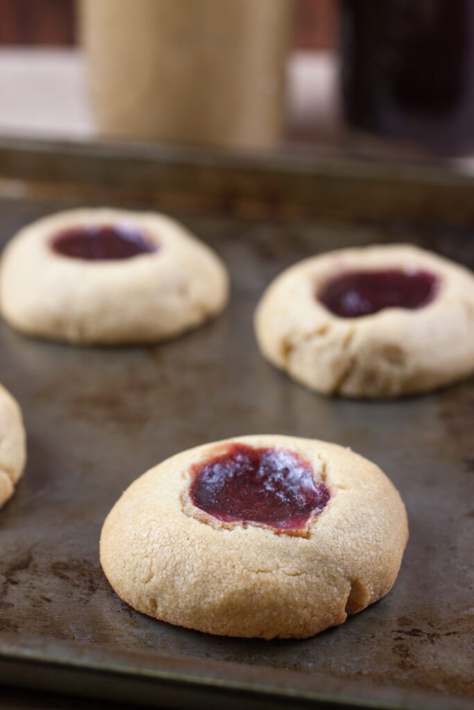 Freshly Baked Strawberry Peanut Butter and Jelly Thumbprint Cookies