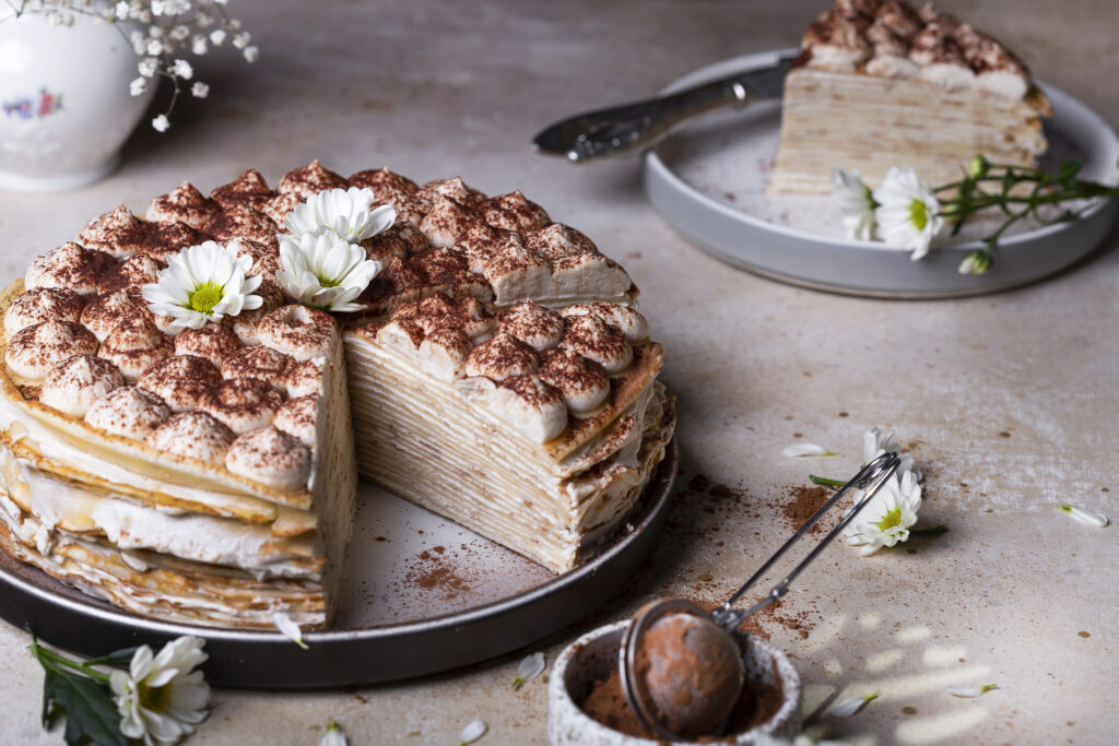 A delicious and decadent tiramisu crepe cake