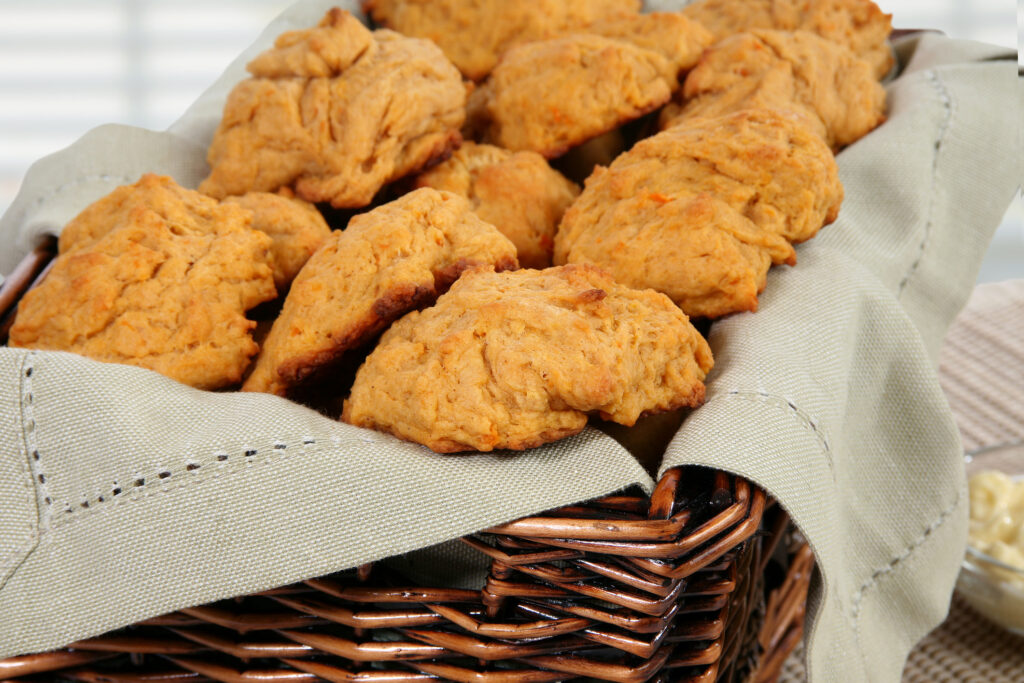 A basket full of Sweet Potato Biscuits