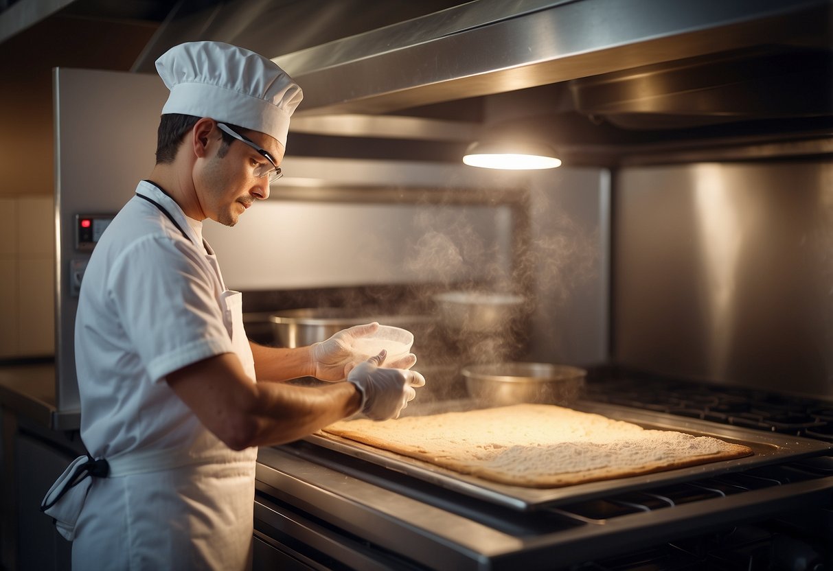 A baker measures flour and sugar, adjusts humidity, and monitors oven temperature for precise baking