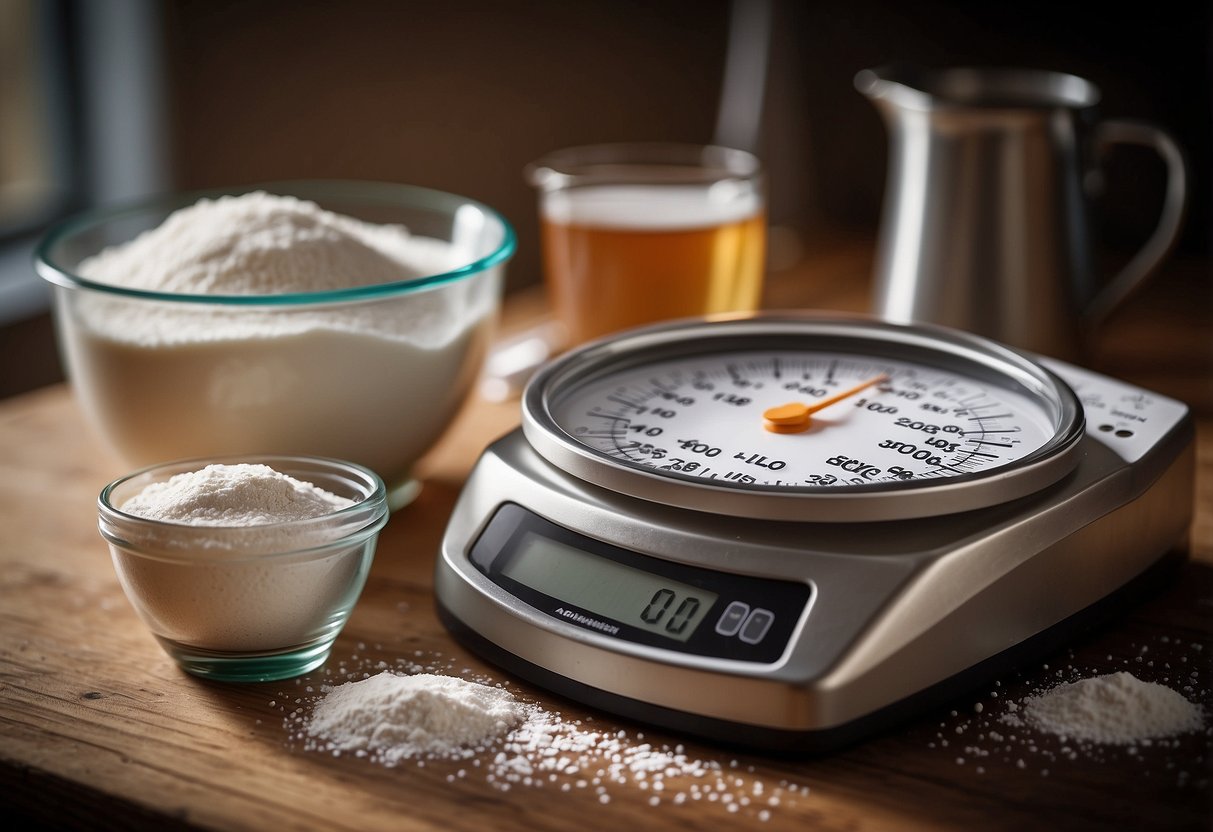 A digital scale with a bowl of flour and a measuring cup next to it. A thermometer nearby to ensure the room temperature for accurate measurements