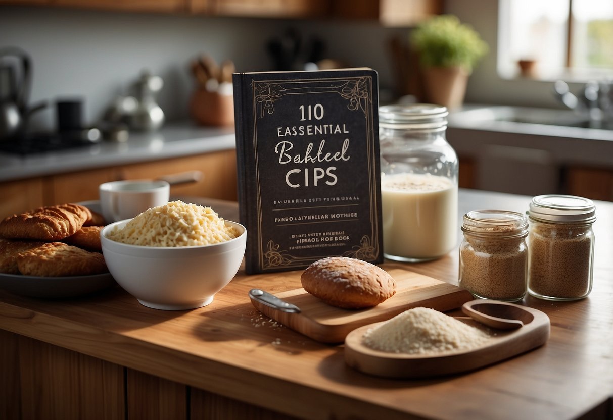 A kitchen counter with baking ingredients, utensils, and a recipe book open to 