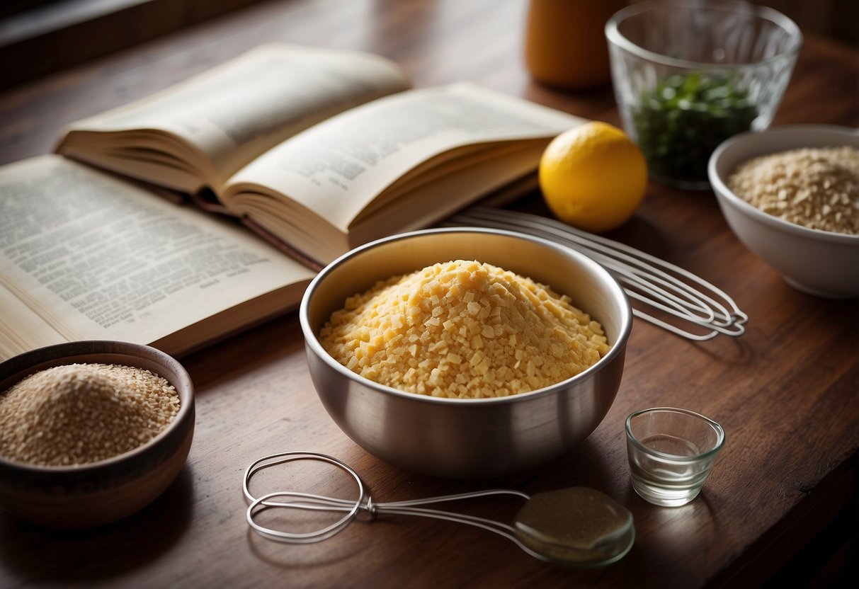 A kitchen counter with ingredients, measuring tools, and a recipe book open to a page on the science of baking. A mixing bowl and whisk are nearby