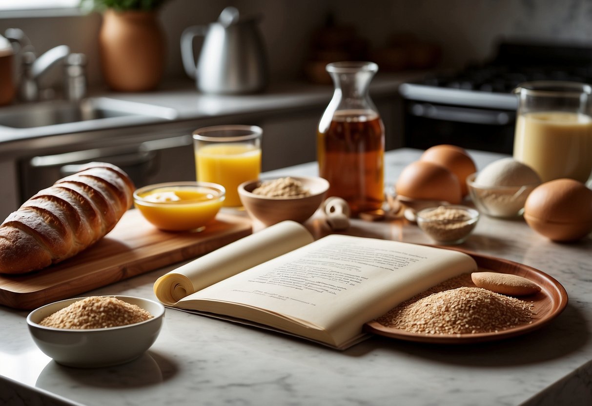 A kitchen counter with various baking ingredients, utensils, and a recipe book open to a page on baking science