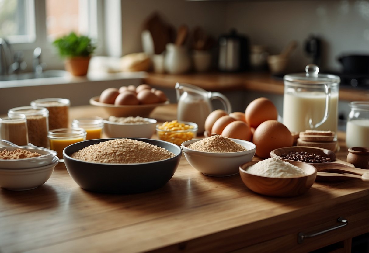 A kitchen counter with various baking tools and equipment laid out neatly for a baking lesson. Ingredients and recipe book nearby