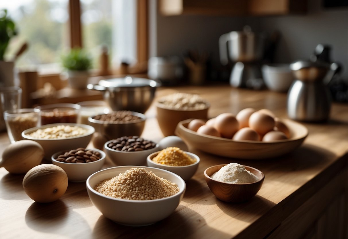 A kitchen countertop with various baking ingredients and utensils laid out for a tutorial