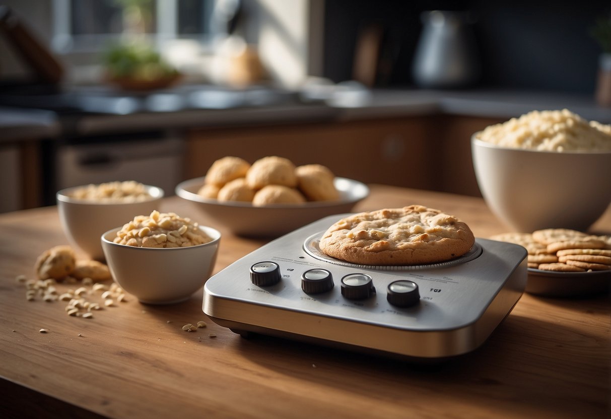 A kitchen timer set to 25 minutes, a cooling rack with freshly baked cookies, a bowl of flour, and a recipe book open to a page titled 