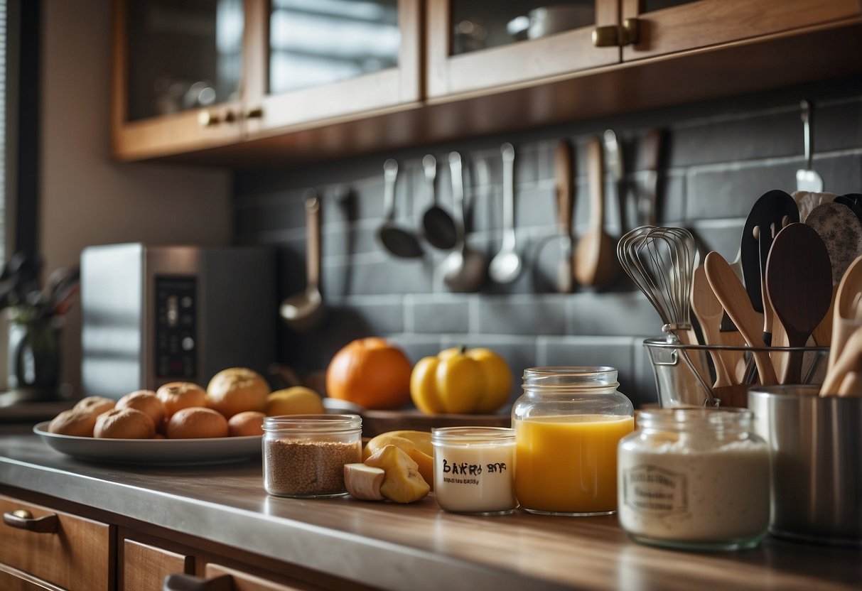 A kitchen with labeled baking tools and ingredients, safety equipment, and clear health and safety signs displayed prominently