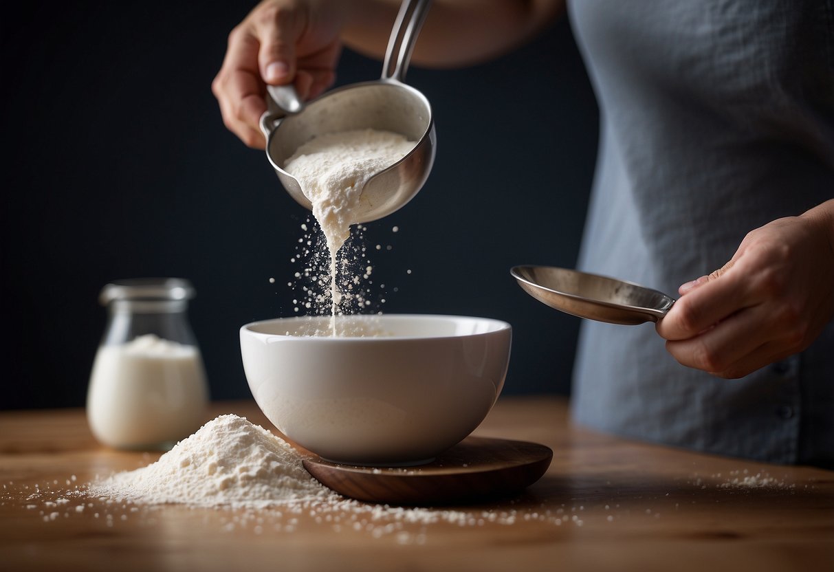 A measuring cup pouring flour into a mixing bowl, while a spoon levels off the excess