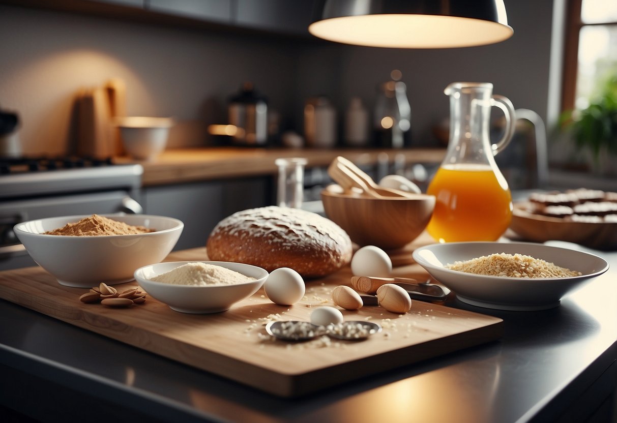 A modern kitchen with baking ingredients, equipment, and scientific tools arranged on a counter. A recipe book open to a page on the science of baking