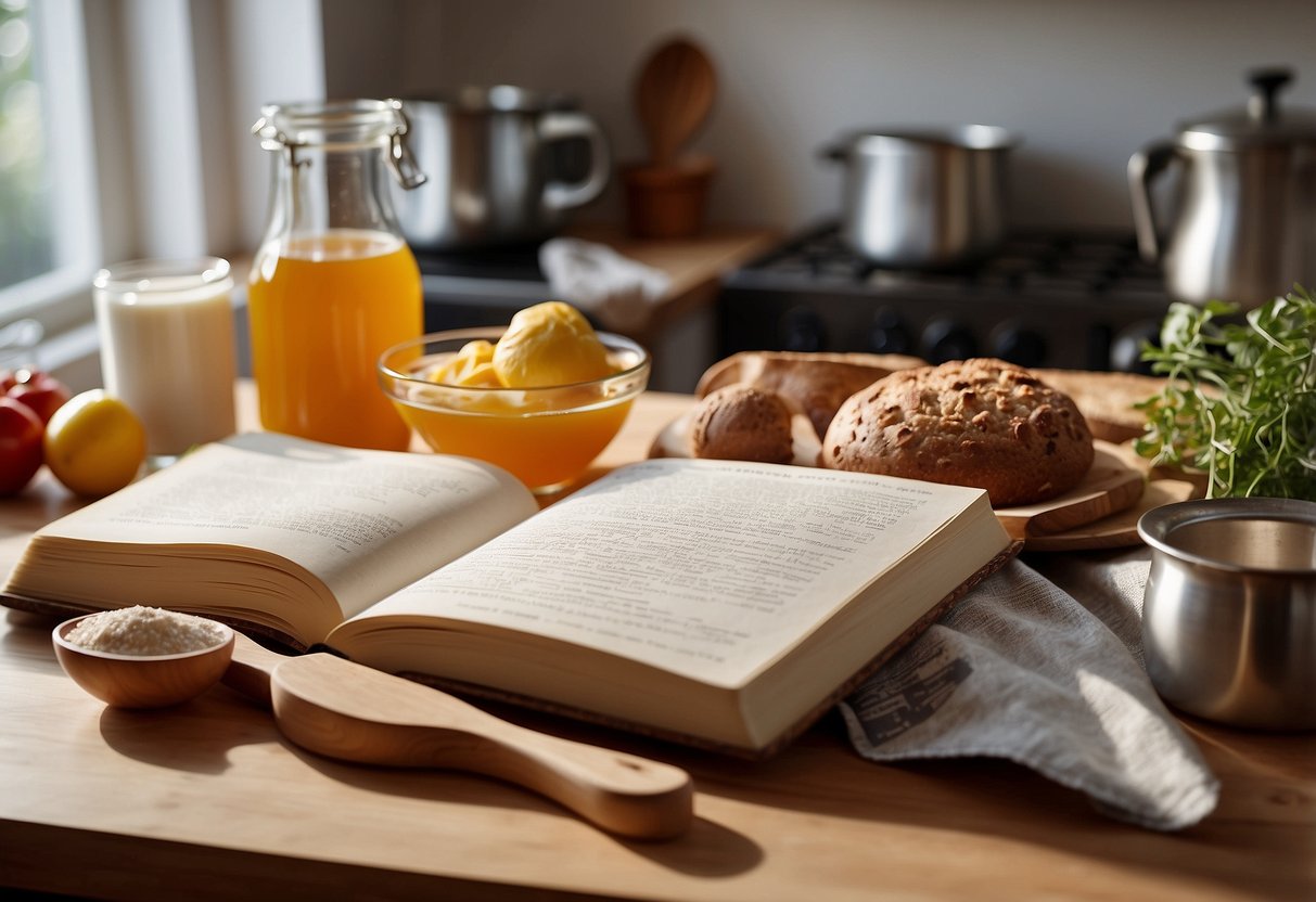 A table with baking ingredients, utensils, and a recipe book open to a page titled 