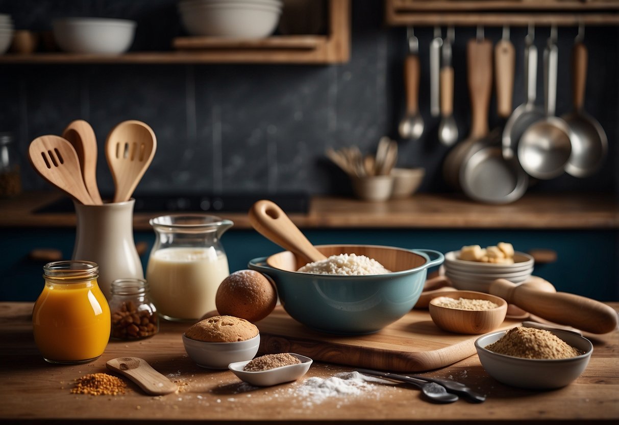 A table with baking tools: oven mitts, apron, measuring cups, spoons, mixing bowls, whisk, rolling pin, and baking sheets