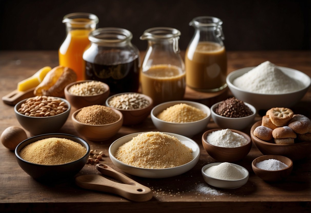 A table with various baking tools and ingredients, labeled with baking terminologies