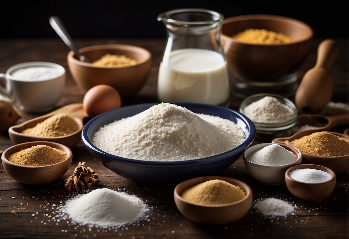 A table with various ingredients: flour, sugar, and milk, each with their respective measuring cups and spoons, along with a ruler for precise measurements