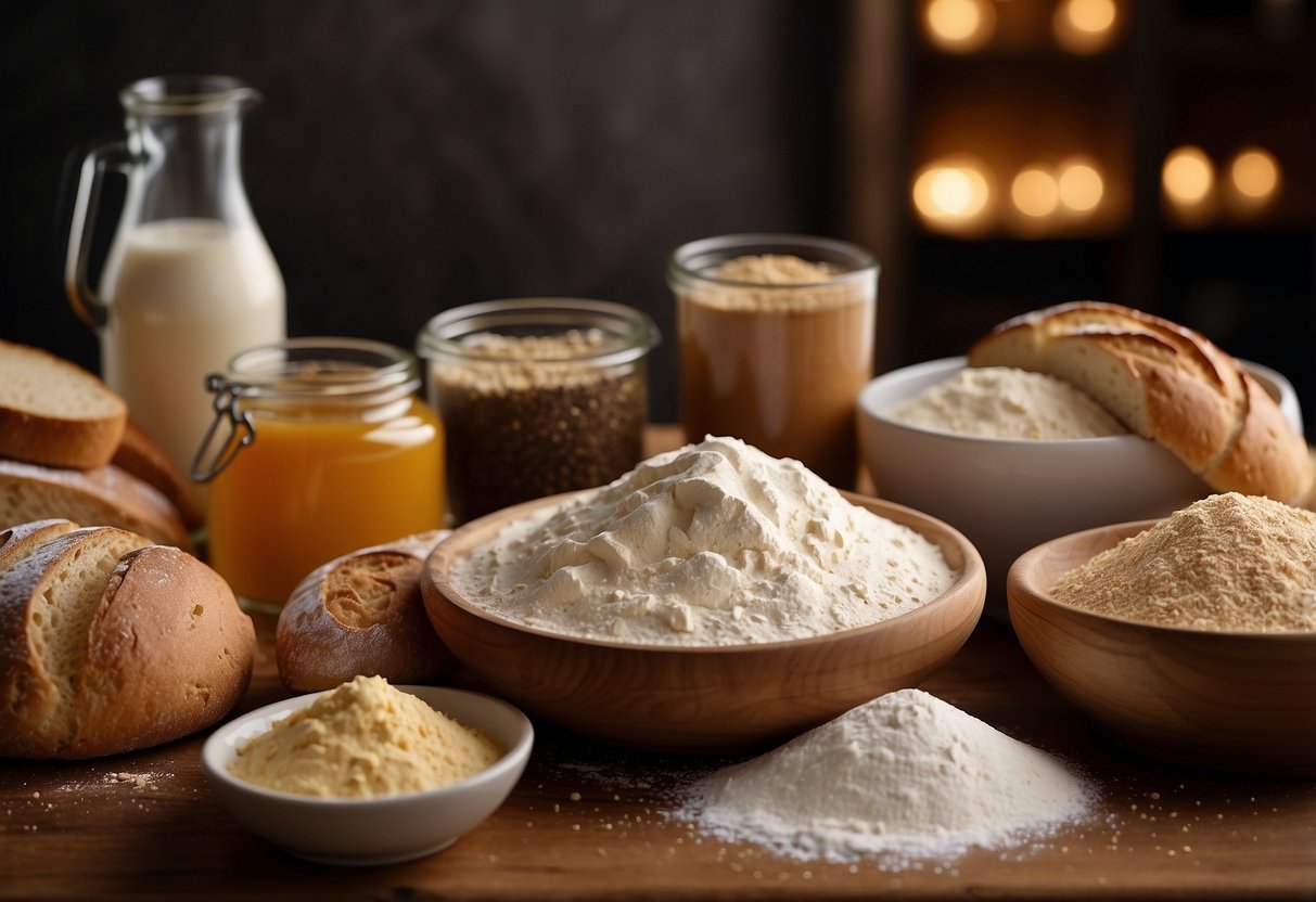 A table with various types of flour in labeled containers, next to a stack of recipe books and a bowl of freshly baked bread