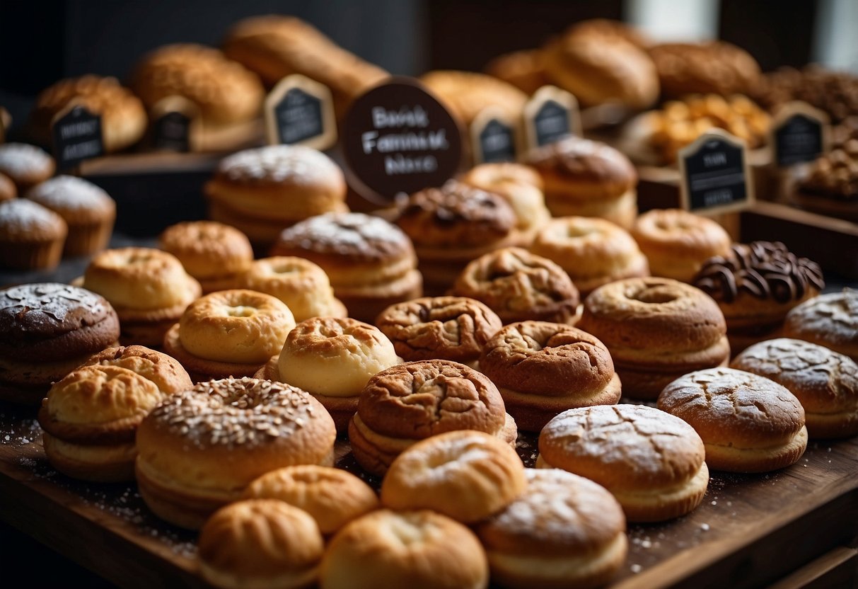 A variety of baked goods displayed with labels of different baking terminologies