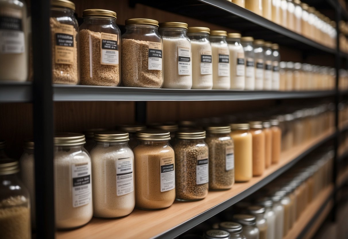 A variety of flour types neatly organized on shelves with clear labels and handling instructions displayed