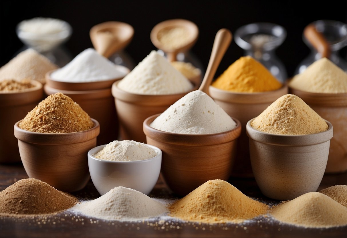 A variety of flours arranged in a row, each labeled with its type. A sack of flour stands in the background, with a scoop and bowl nearby