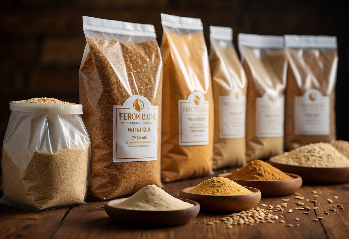 A variety of flours arranged in labeled bags on a wooden table, with wheat, corn, and almond flour depicted in the background