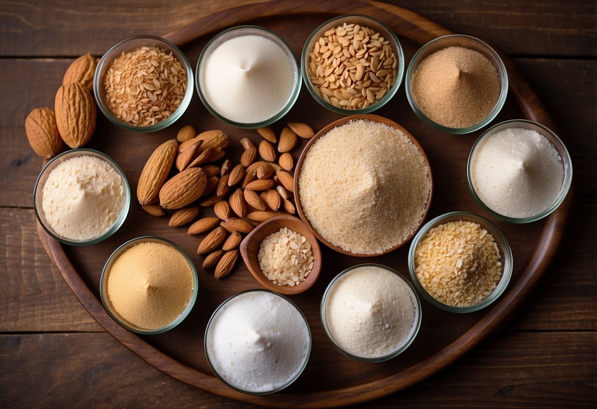 A variety of flours arranged on a wooden table with labels indicating different types such as almond, coconut, whole wheat, and gluten-free