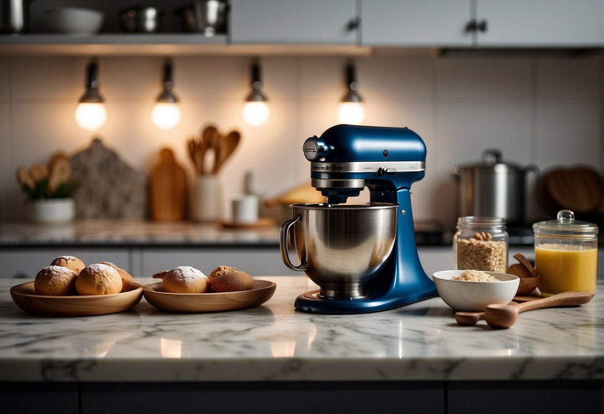 A well-lit kitchen with a marble countertop holds a stand mixer, rolling pin, measuring cups, and various baking tools neatly arranged on a shelf