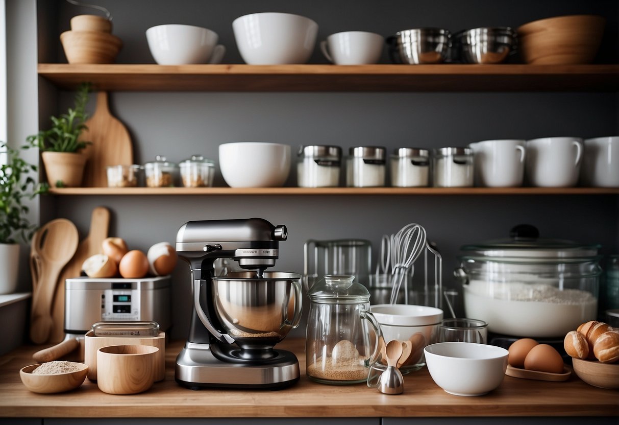 A well-organized kitchen shelf displays various baking tools and equipment, including mixing bowls, measuring cups, spatulas, and a stand mixer