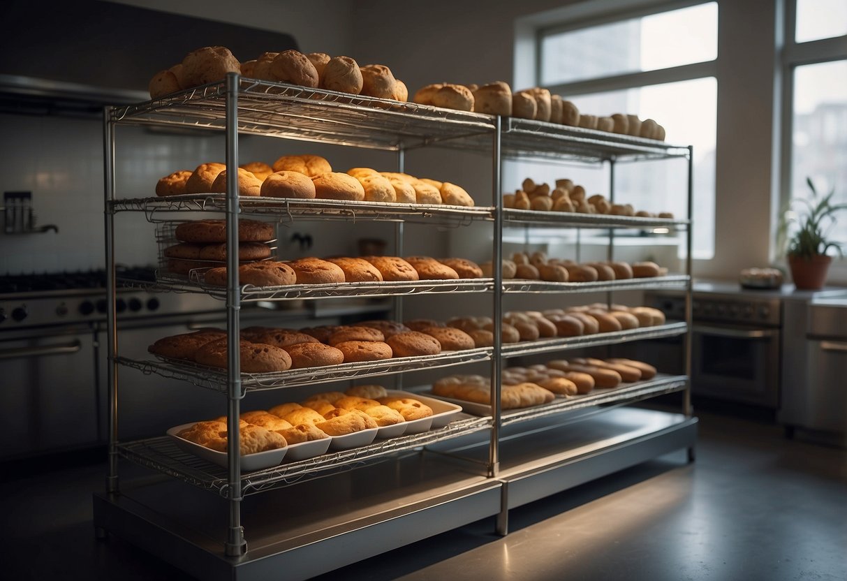 Baked goods sit on wire racks, steam rising, in a clean, organized kitchen. Airtight containers line the shelves, ready to store the treats