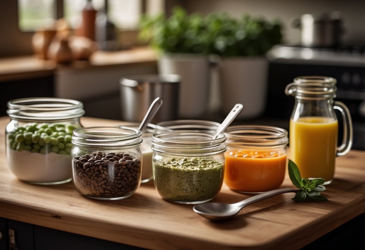 Measuring cups and spoons arranged neatly next to various ingredients on a clean, well-lit kitchen counter