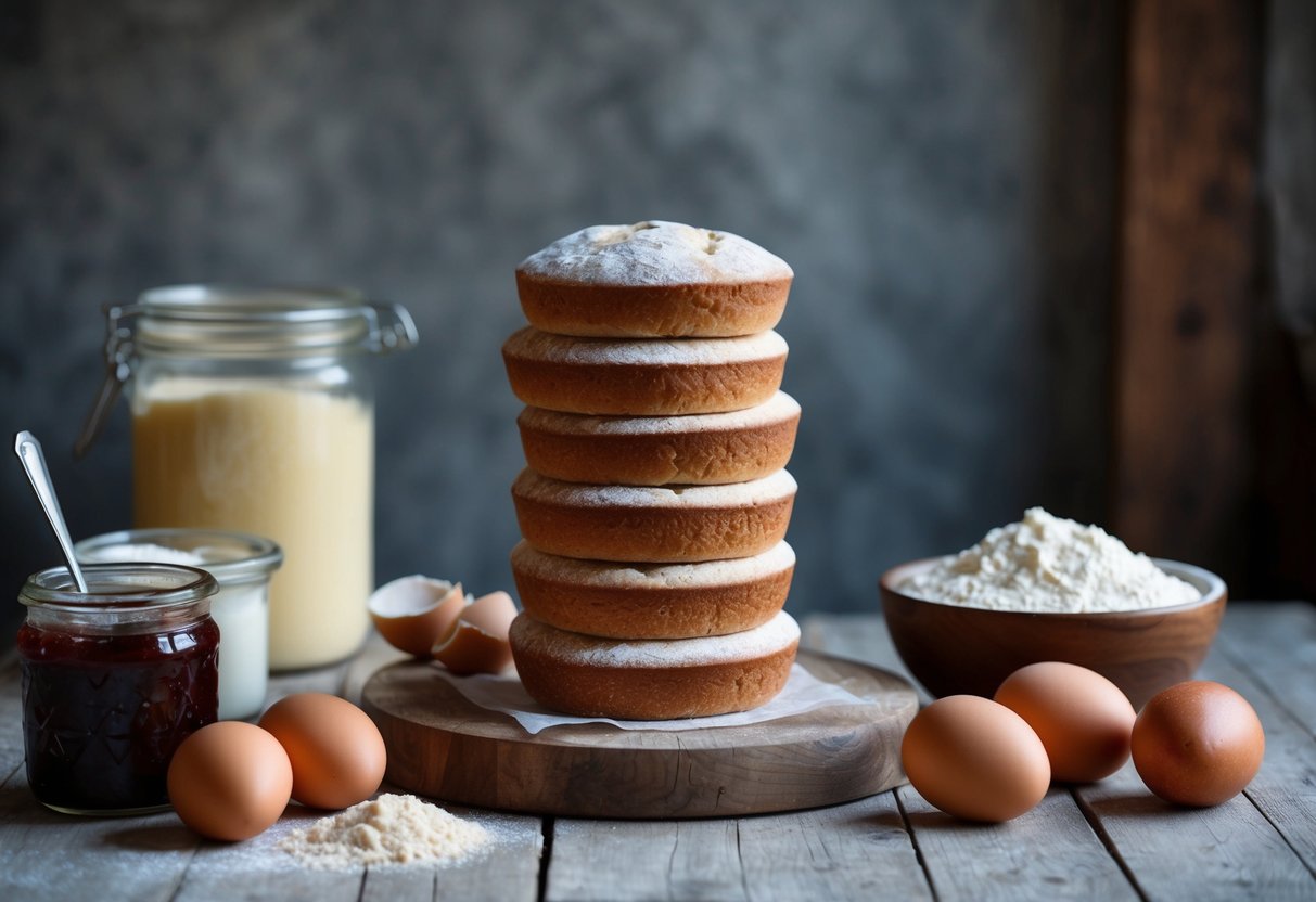 A rustic bakery display showcases a stack of sourdough English muffin bread loaves, surrounded by fresh ingredients like flour, eggs, and a jar of homemade preserves