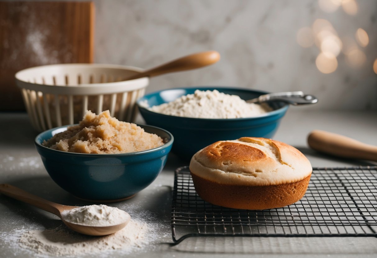 A rustic kitchen counter with a bowl of sourdough starter, flour, and a wooden spoon, next to a proofing basket and a freshly baked English muffin bread cooling on a wire rack