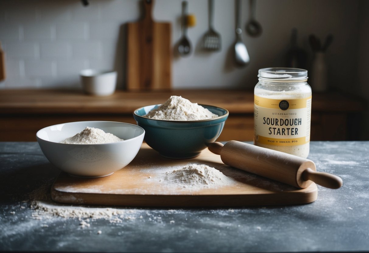 A rustic kitchen counter with a wooden cutting board, a bowl of flour, a jar of sourdough starter, and a rolling pin