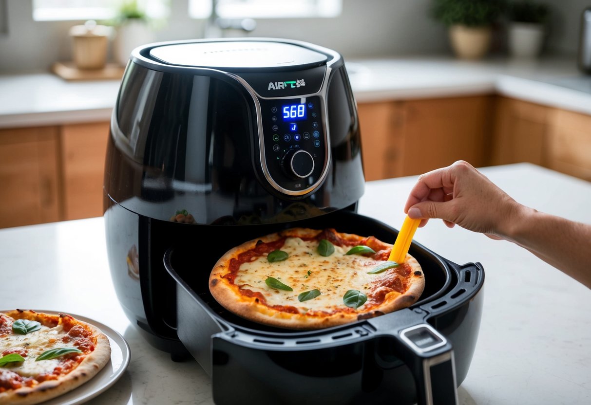 A frozen pizza being placed into an airfryer, with the airfryer set to the appropriate temperature and the timer being adjusted