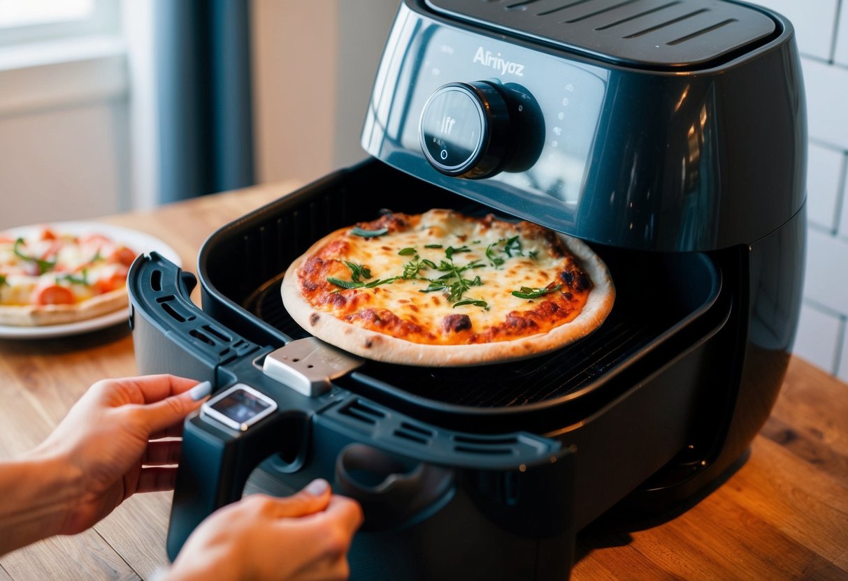 A frozen pizza being placed into an airfryer, with the airfryer set to the appropriate temperature and time for baking