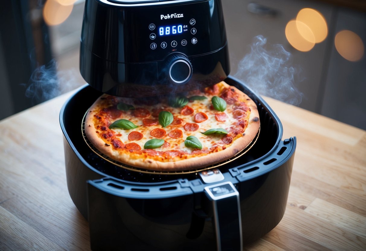 A frozen pizza placed inside an air fryer, surrounded by hot air, with the appliance's digital display showing the cooking time