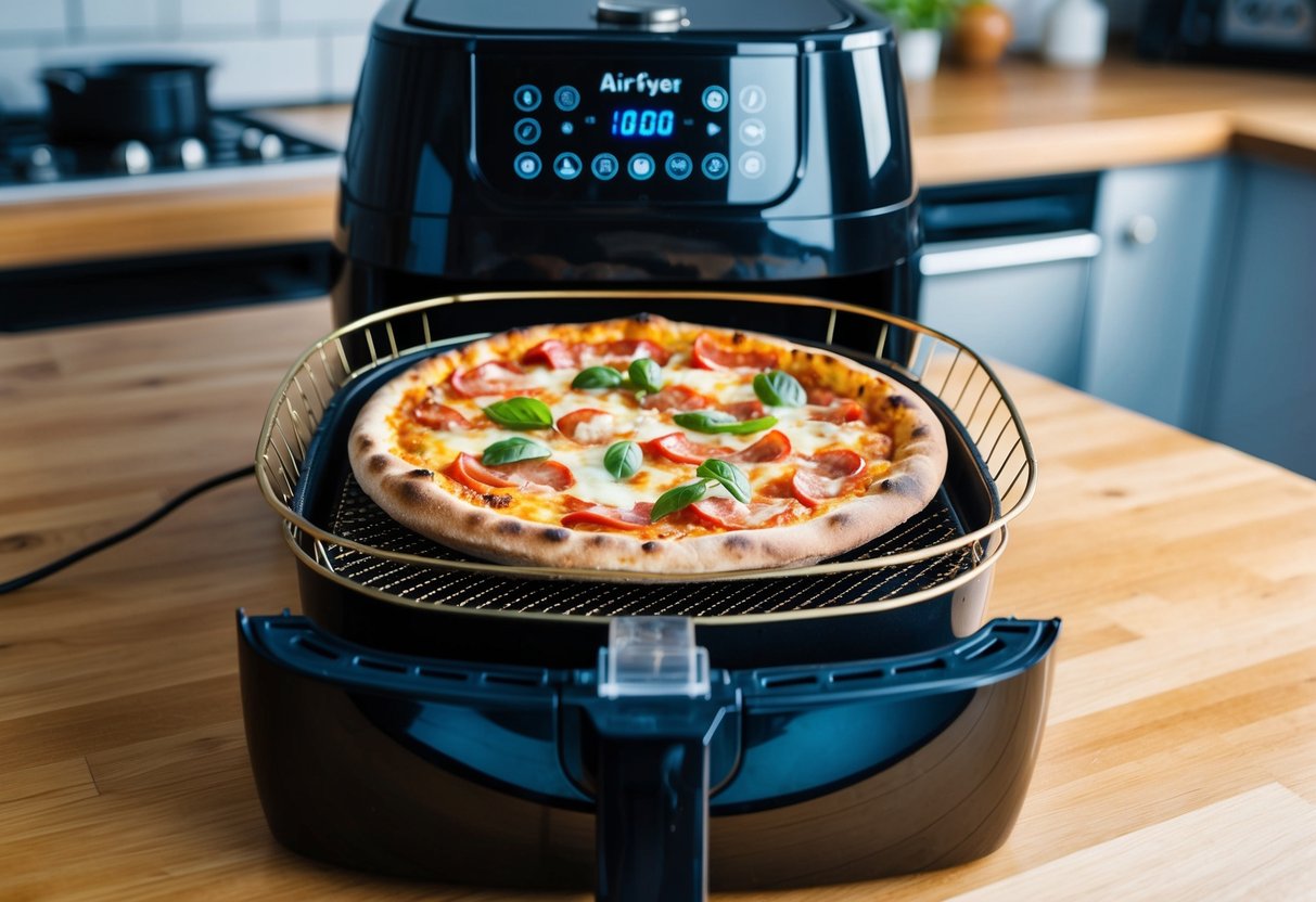 A frozen pizza sits inside an air fryer basket, surrounded by the appliance's controls and display