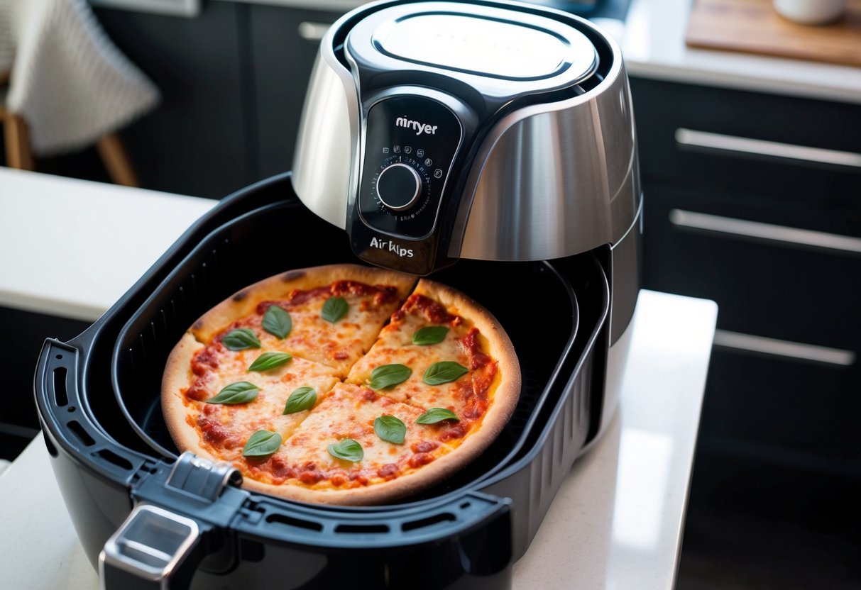 A frozen pizza sits inside an air fryer surrounded by the appliance's sleek, modern design