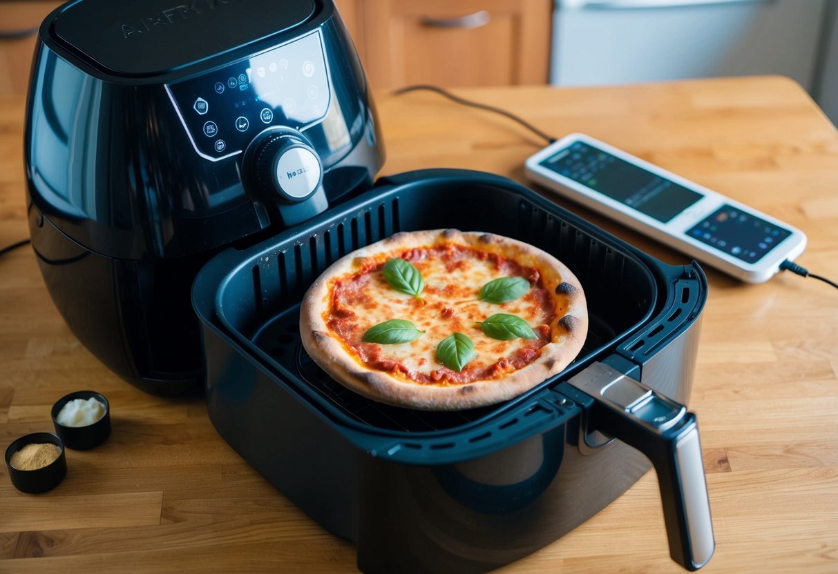 A frozen pizza sits on the airfryer basket, surrounded by the airfryer's controls and a timer set for the appropriate cooking time