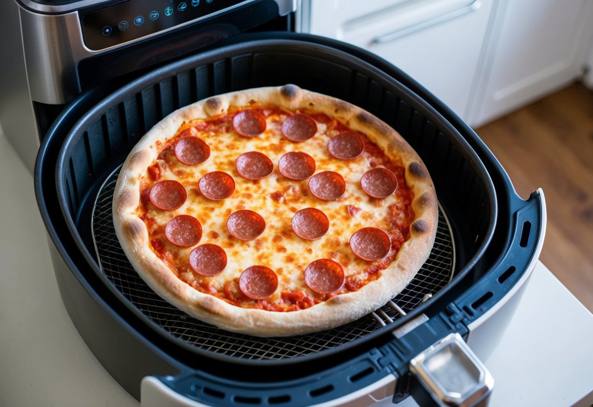 A frozen pizza sits on the airfryer basket, surrounded by the appliance's sleek, modern design. The pizza is perfectly positioned for cooking, with the airfryer's controls visible in the background