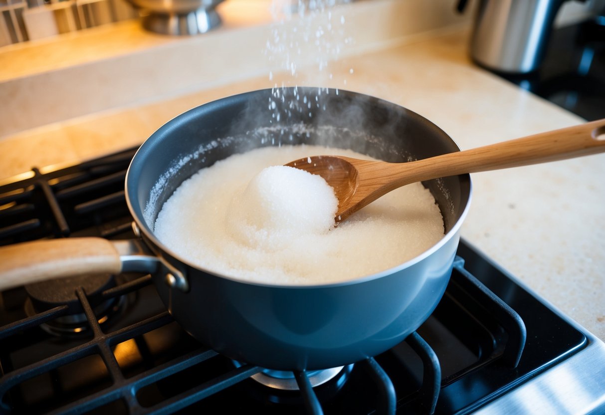 A pot of sugar melting over low heat on a stovetop, stirring with a wooden spoon until it reaches a smooth, liquid consistency