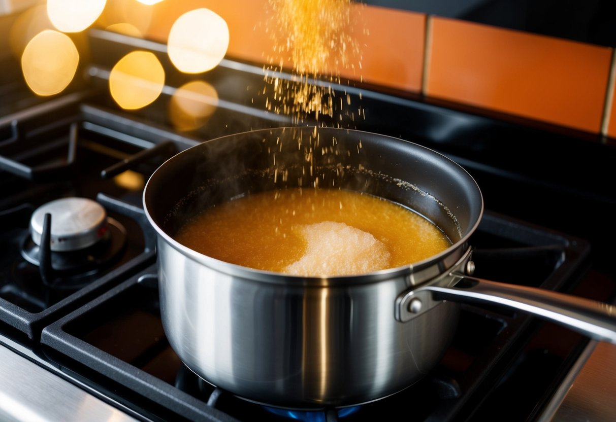 A pot on a stove with sugar melting into a golden liquid