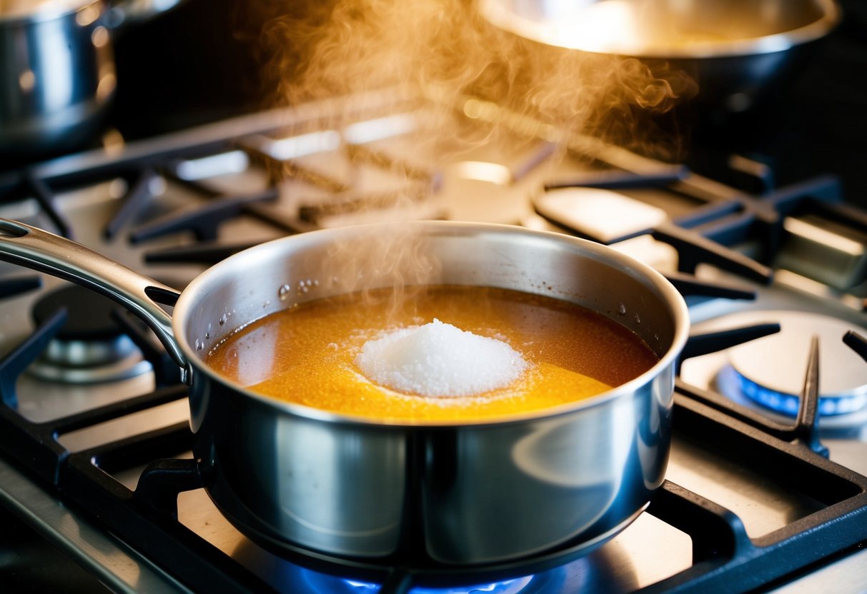 A pot on a stove with sugar melting into a golden liquid