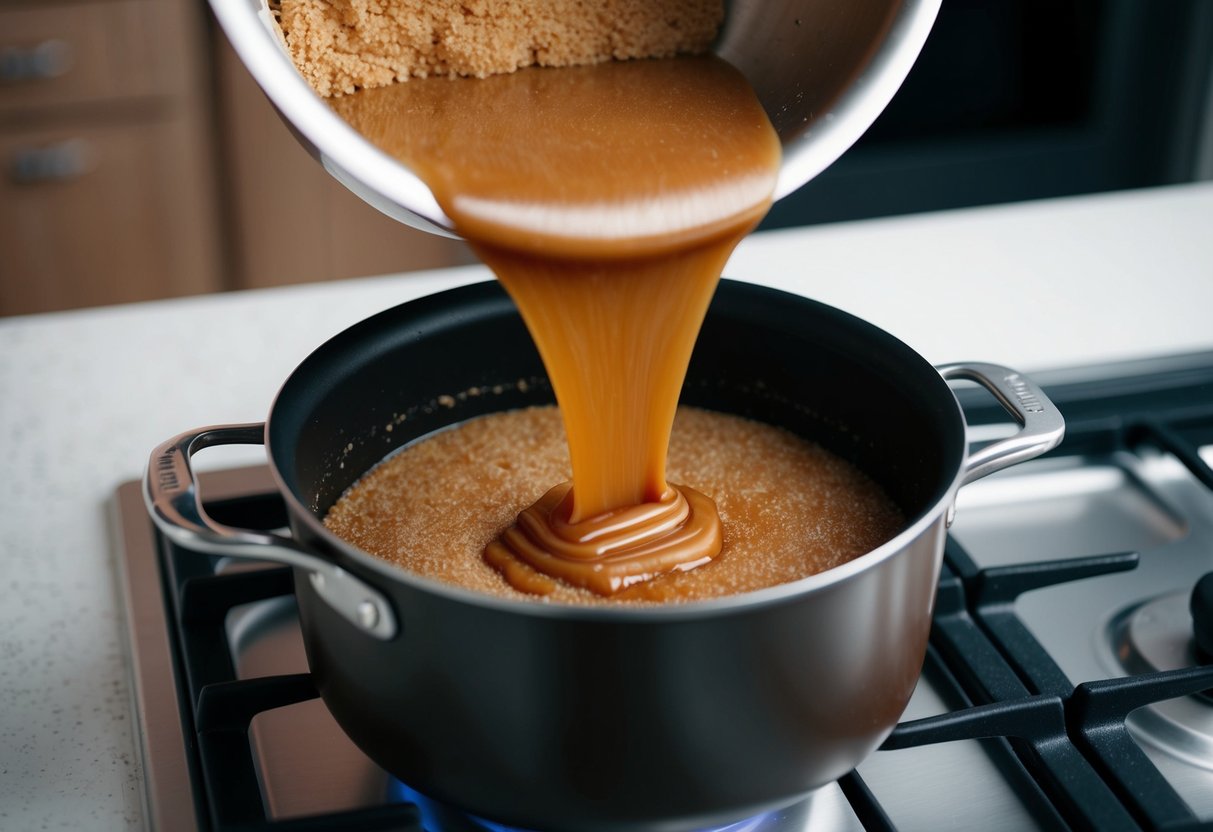 A pot on a stovetop with brown or granulated sugar melting into a caramel-colored liquid