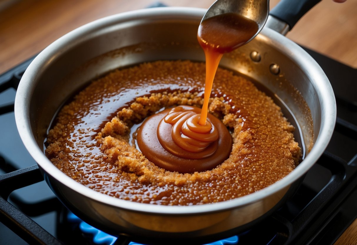 Brown sugar melting in a hot pan, turning into a liquid caramel